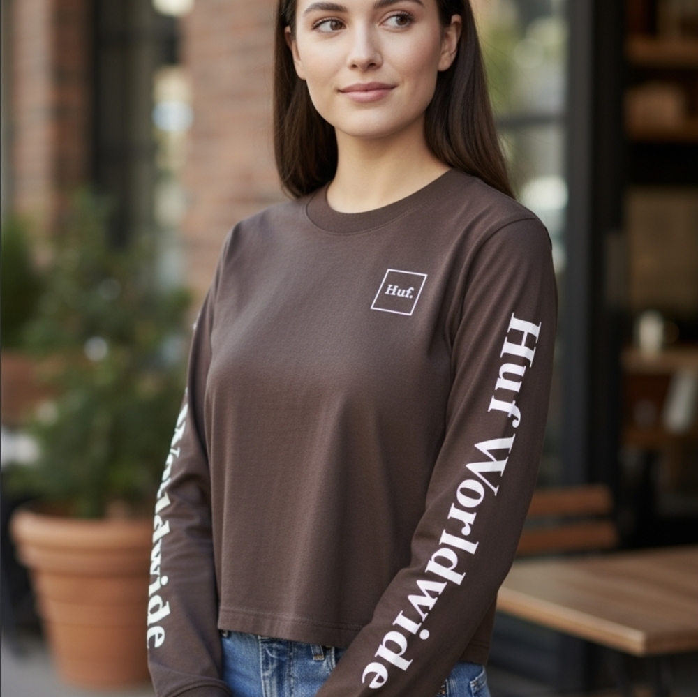 HUF Domestic Crop Tee Brown Long Sleeve 90s Streetwear Ribbed Collar XS NWT - Picture 8 of 10
